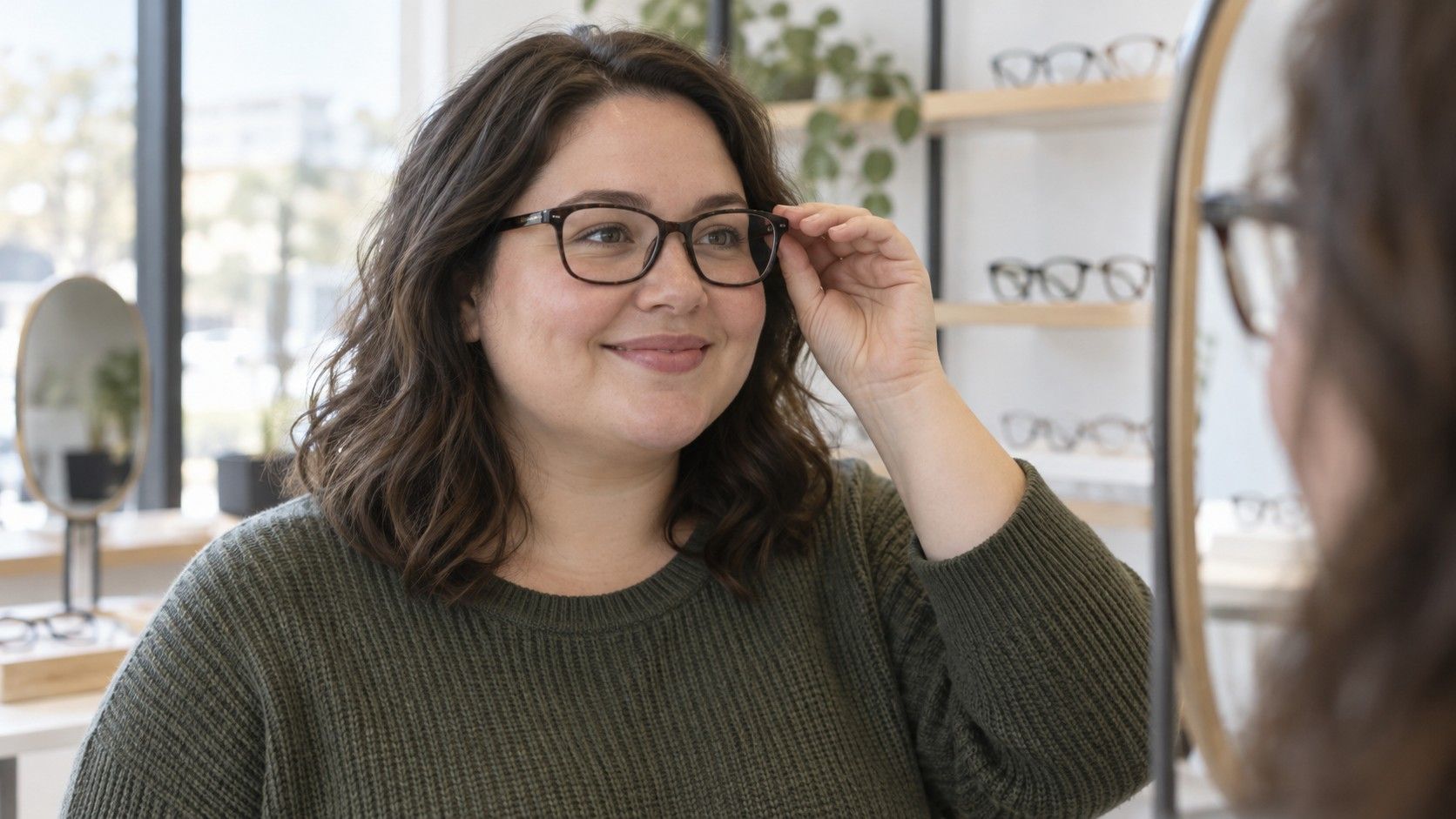 Round-faced person comparing eyewear